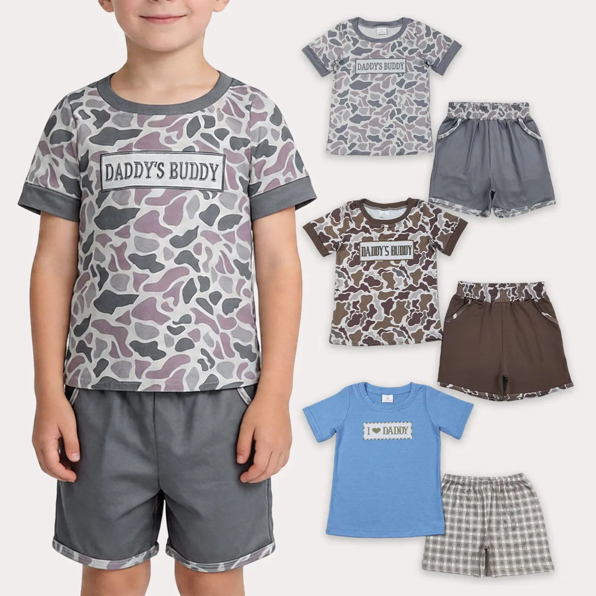 Toddler Sibling Baby Boy Camo Embroidery Daddy's Buddy Top Pockets Shorts Youth Clothes Sets Infant Outfits Clothing Wholesale