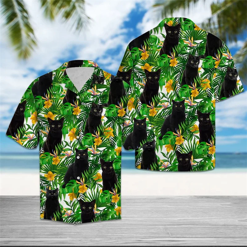 

Funny Black Cat Pattern Hawaiian Shirts Summer Fashion Short Sleeve Cute Cat 3D Printed Shirt Loose Streetwear Lapel Blouses