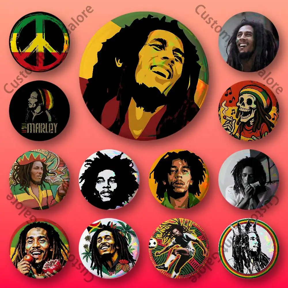 

B-Bob M-Marley Laser Film Badge Tinplate Brooch Lapel Pin HD Print Badge for Decoration DIY Accessories Gift