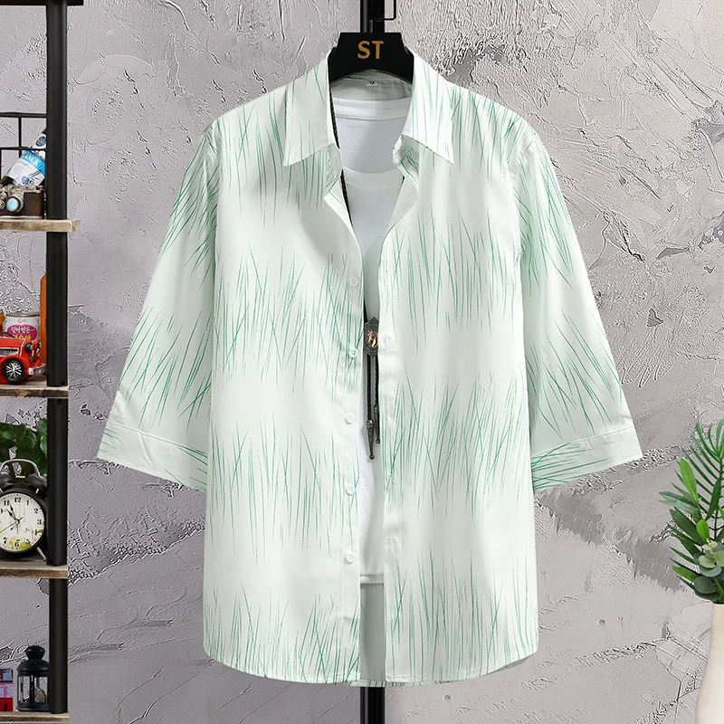 

Summer Men's Ice Silk Casual Thin Short Sleeve Shirt Trendy Middle Sleeve Seven-eighths Length Printed Loose Fit Polyester Fiber