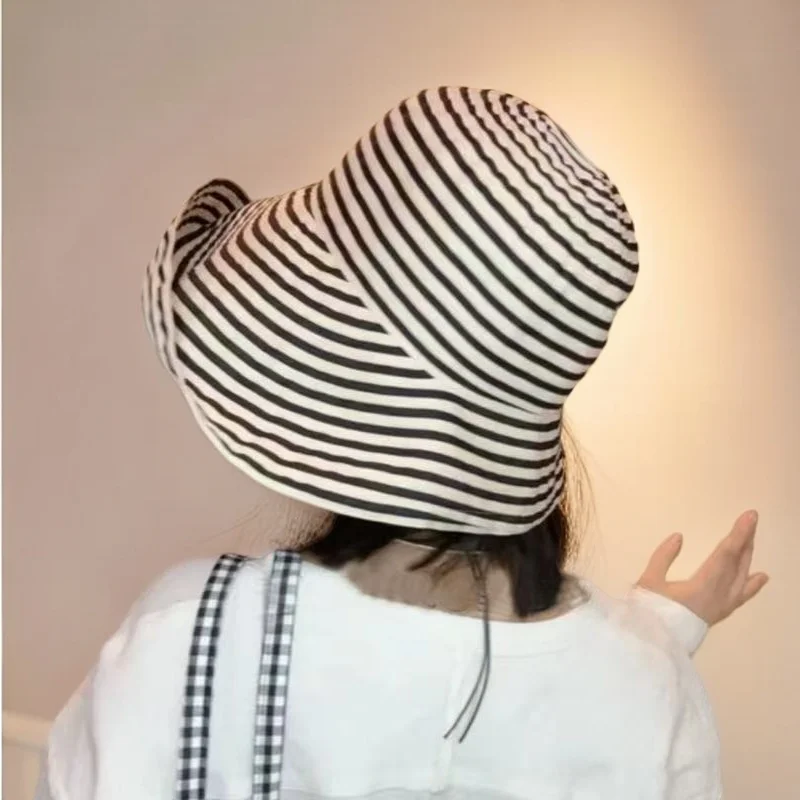 اليابانية طوي مخطط قبعة بحافة المرأة الصيف جديد كبير محيط الرأس قبعة الشمس الرجعية موضة واقية من الشمس حوض قبعة 2