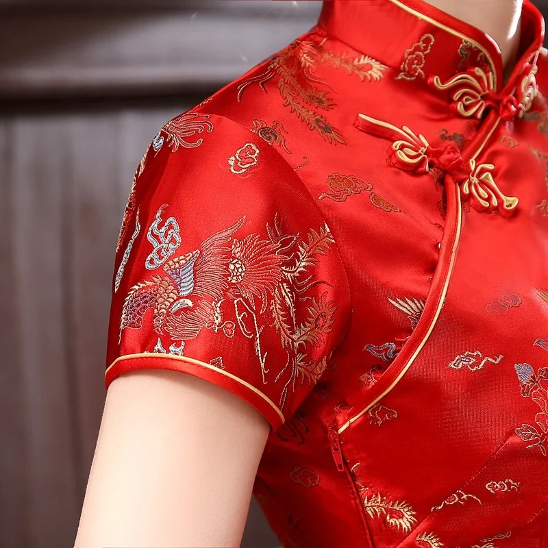 Chinese Traditionele Jurk Vrouwen Satijn Veel Kleur Cheongsam Qipao Zomer Korte Mouw Lange Jurk Voor Feestkostuum