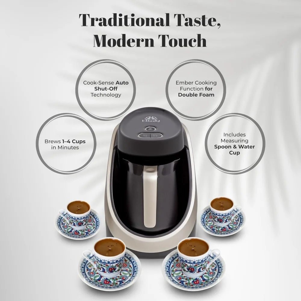 ماكينة صنع القهوة التركية ETHNIQ - خالية من مادة BPA بنسبة 100%، 120 فولت، سعة تخمير من 1 إلى 4 أكواب مع تقنية تحسس الطبخ لكوب لذيذ من T
