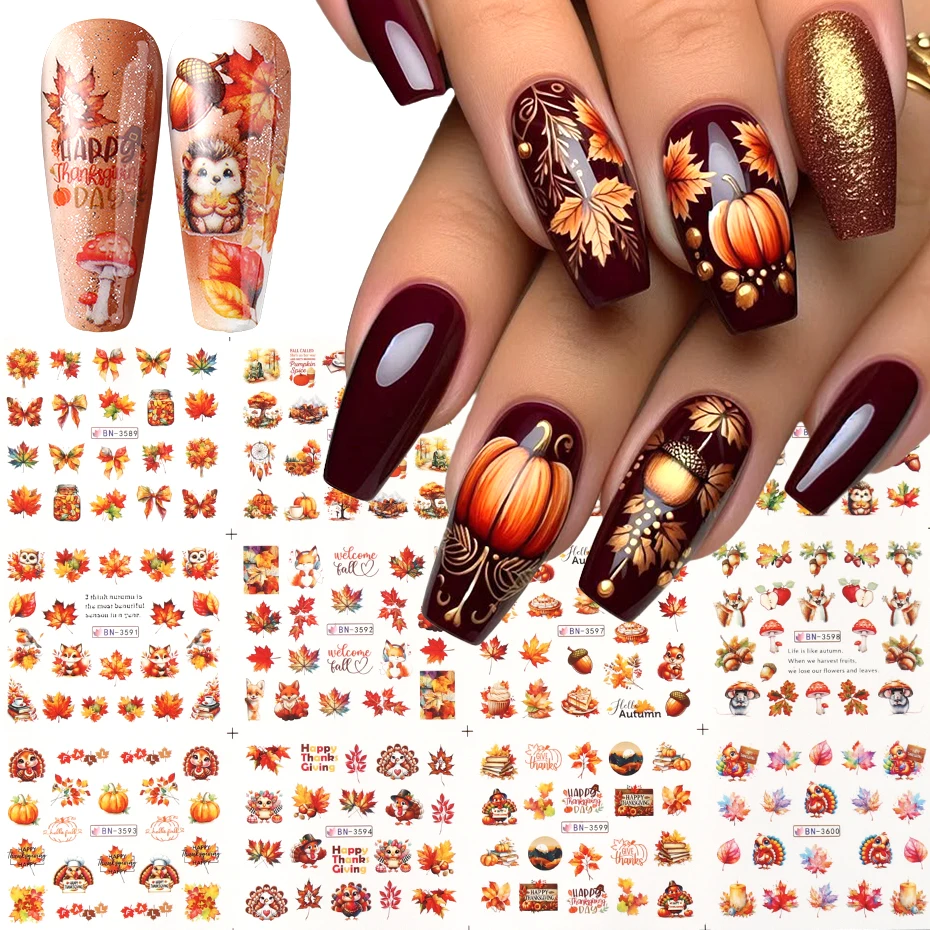 

Осенние кленовые листья, наклейки для дизайна ногтей, слайдеры, ежик, белка, осенний лист, индейка, наклейка для переноса воды, наклейка, украшения