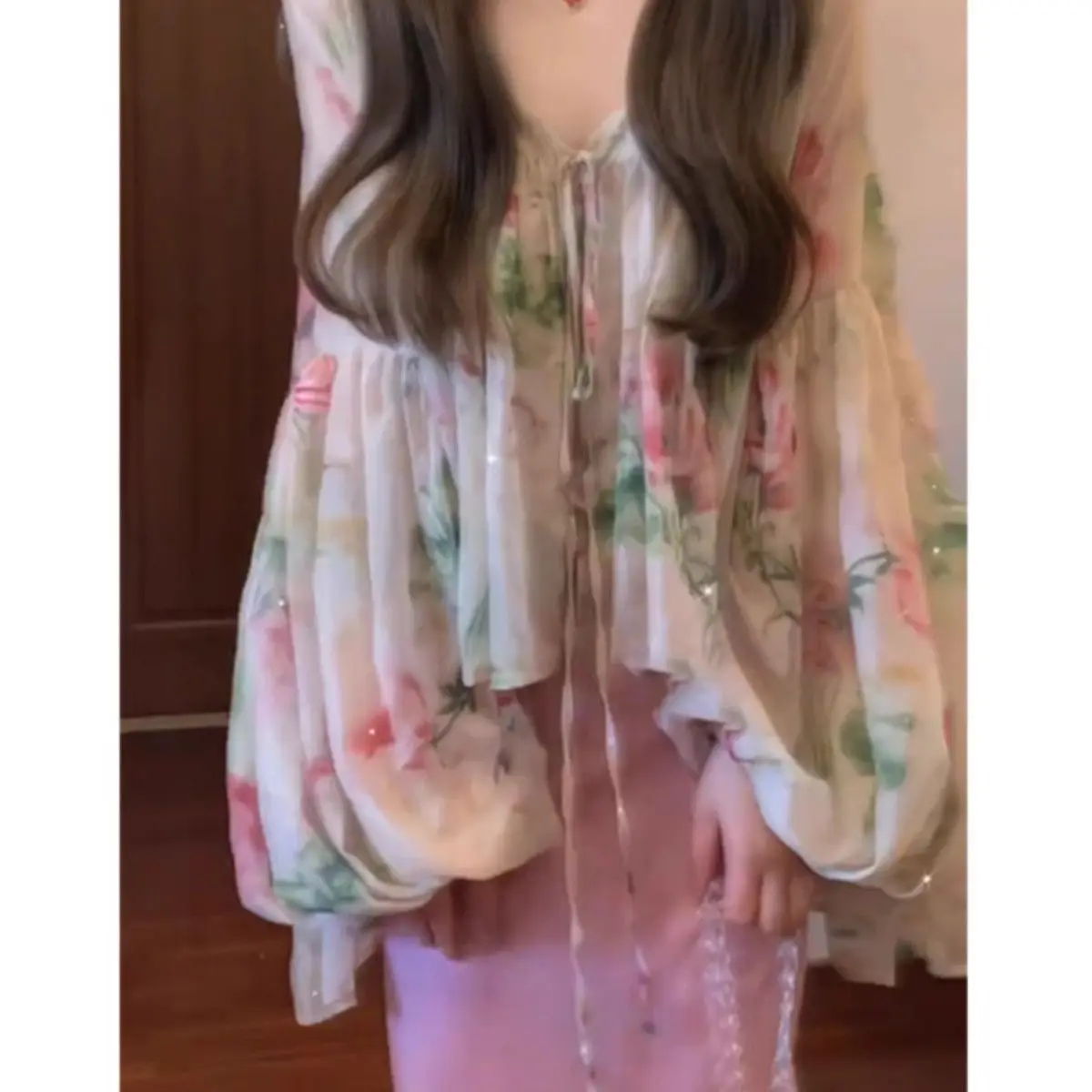 Atasan Lengan Lentera Cetak Temperamen Perancis untuk Wanita Rok Kelas Atas Baru Musim Semi Setelan Cina Baru