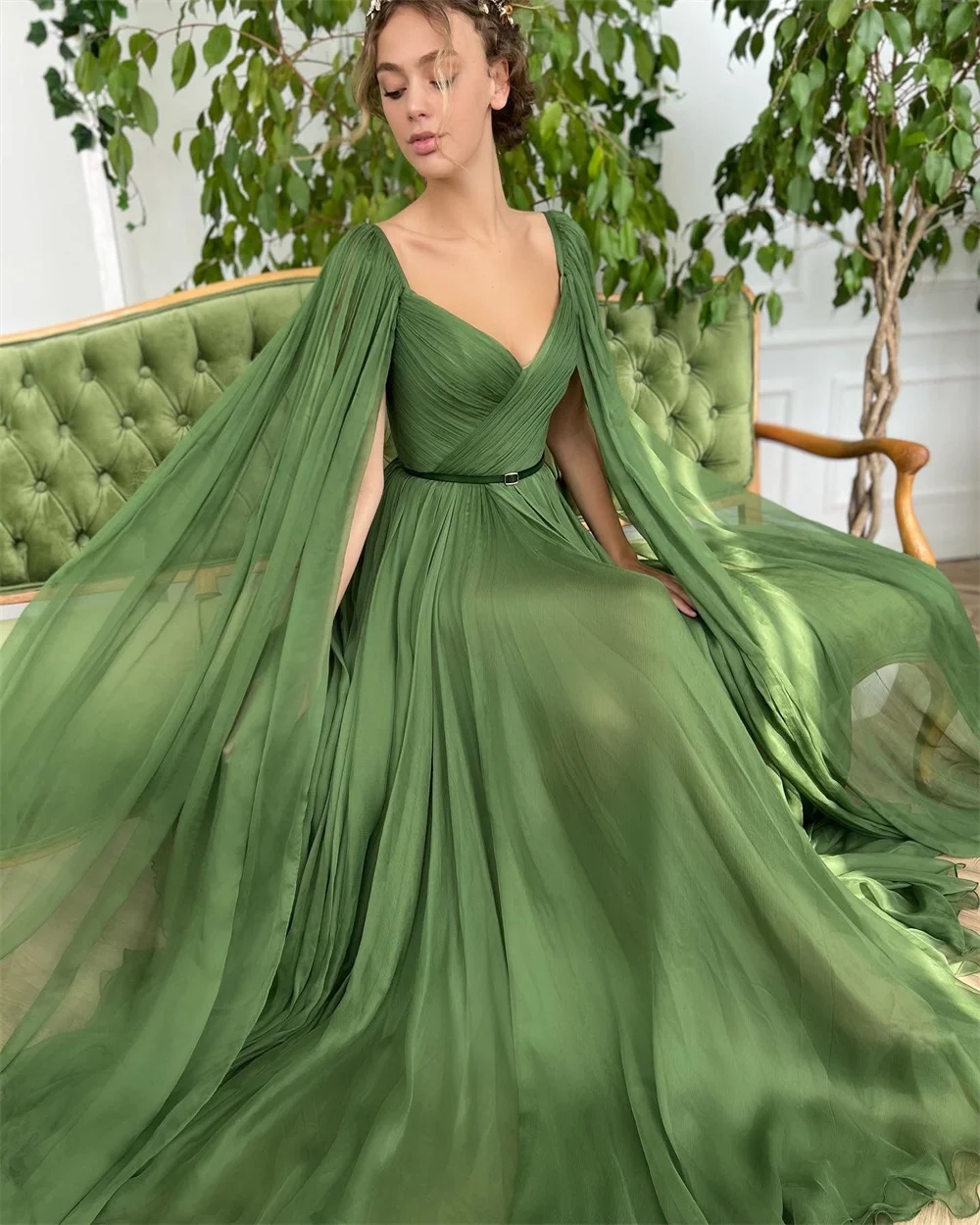 Bella Green Chiffon A-line Prom Dresses V-neck Floor-Length Wedding Dress Customized Sleeveless Long Shawl Vestidos De Fiesta