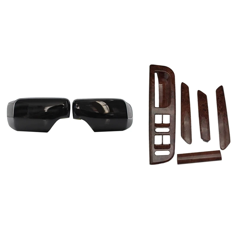 1 Pair Rear View Mirror Covers Side Mirror Caps & 5Pcs Car Door Handle Base Handle Cover Mahogany Lifter Switch Frame