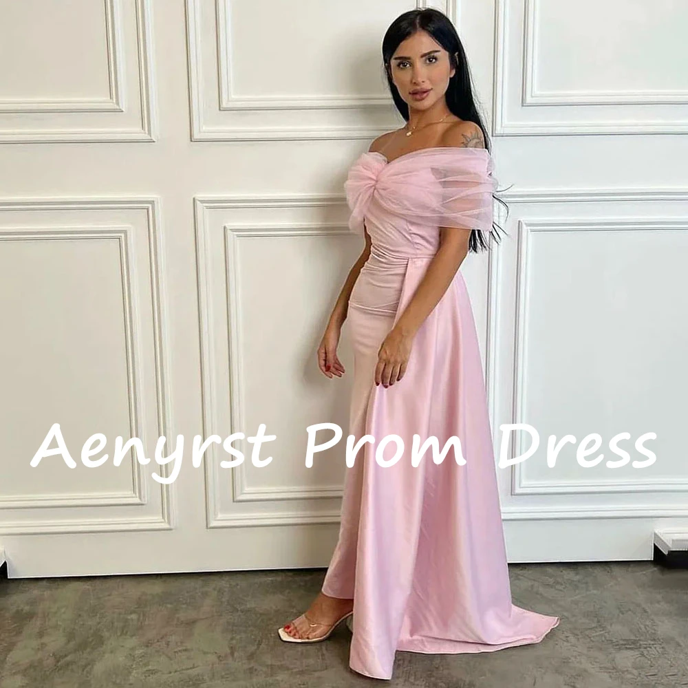 Aenyrst Pink Off The Shoulder Mermaid Saudi Arabia Prom Dresses Satin Sweetheart Evening Gowns Ankle Length Dinner Party Dress