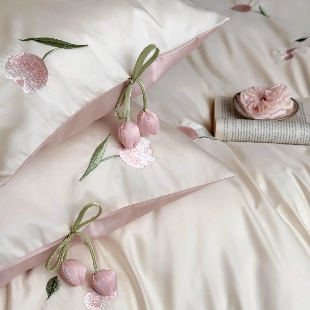 100S Long-staple Cotton Pastoral Embroidery Four-piece Set Embroidered Tulip Bedding Set Premium Skin-friendly Bed Sheets