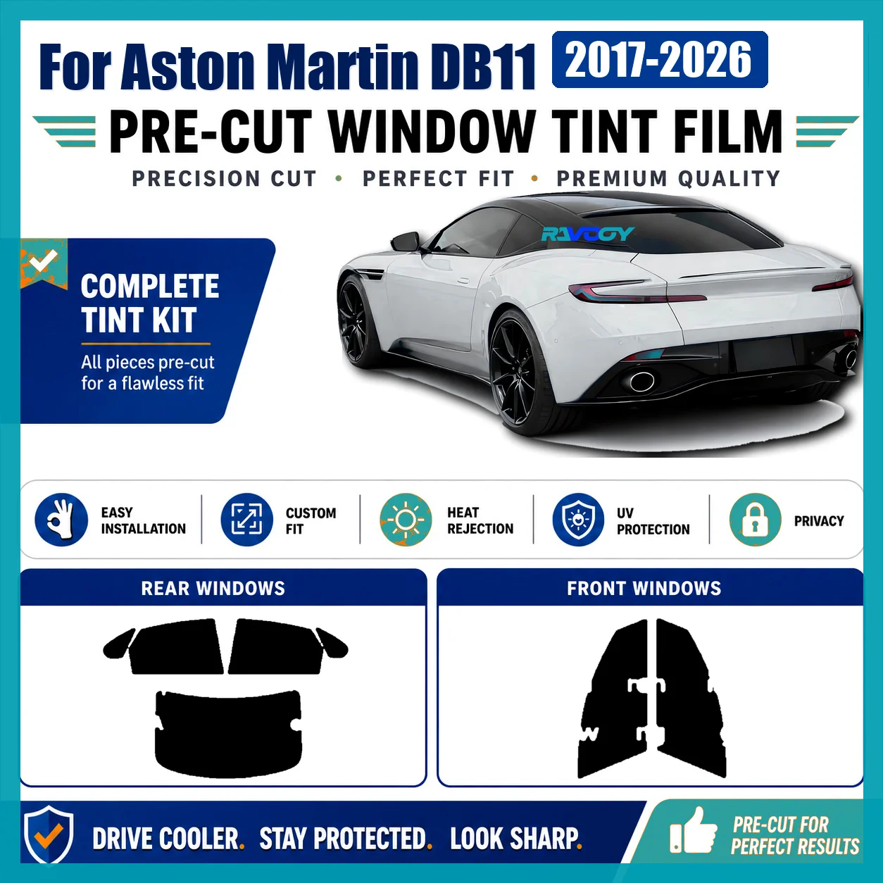 For Aston Martin DB11 2017-2026 Sun Shade Film Precut Front Rear Side Window DIY Install Kit