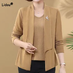 Commute Fashion Fake Two Pieces Solid Color Tops Women's Clothing Casual Spring Autumn Long Sleeve Patchwork O-Neck T-shirt