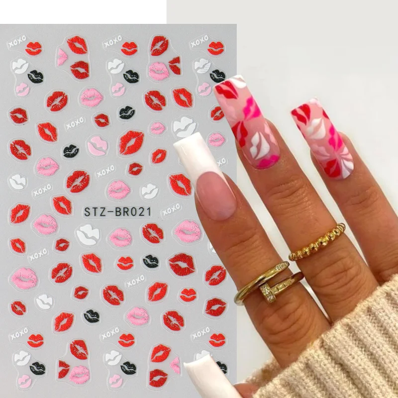 2pcs 3D Kiss Print Nail Art Stickers Cute Lips Design Nail Decals Heart French Line Manicure Slider Valentine Adhesive Decor