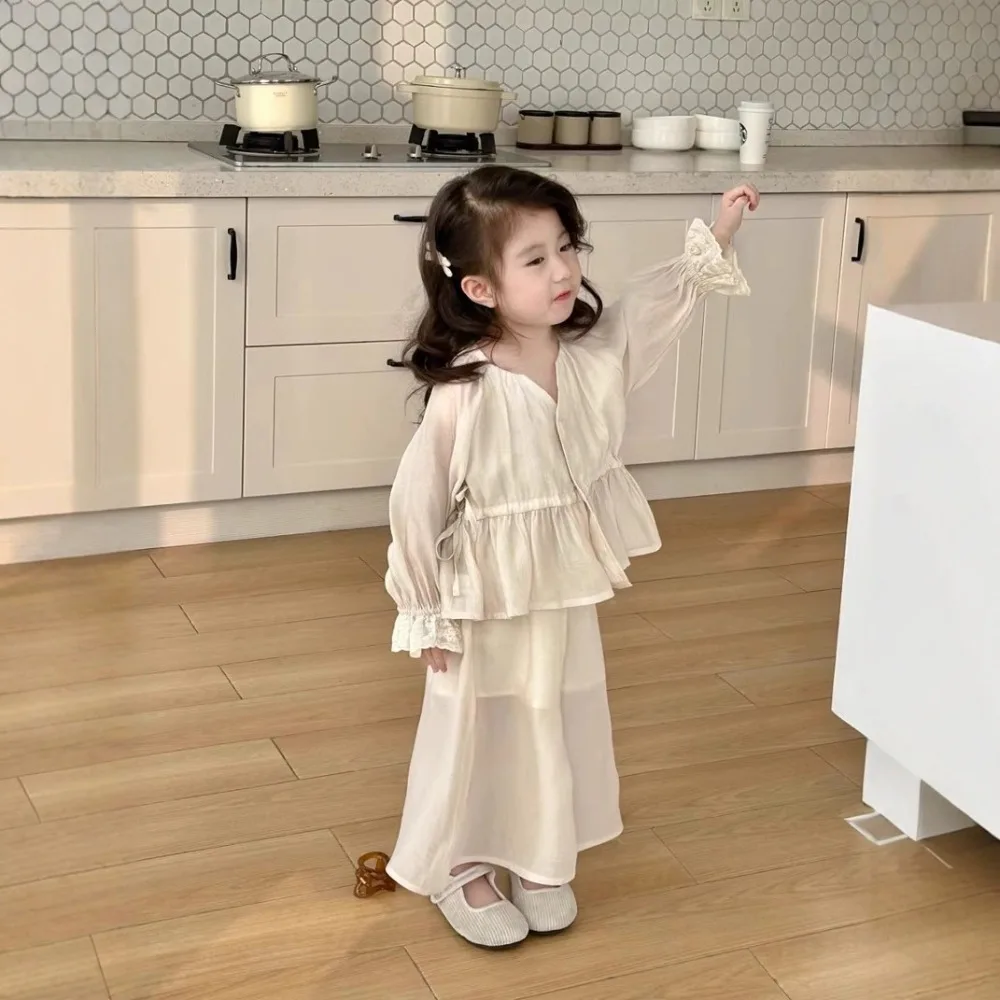 

Set Kid Girl 2025 Spring Summer New Style Cotton Solid Shirt Pleat Petal Sleeve Wide-leg Pants Sweet Fashion Casual Korean