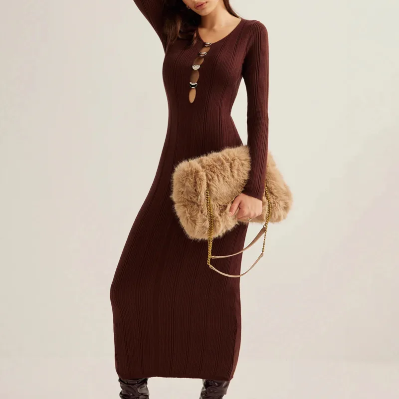 V-Neck Slim Fit Long Sleeve Bodycon Knitted Dress 2025 Women's French Style Solid Color Hollow Out Design Comfortable Long Skirt