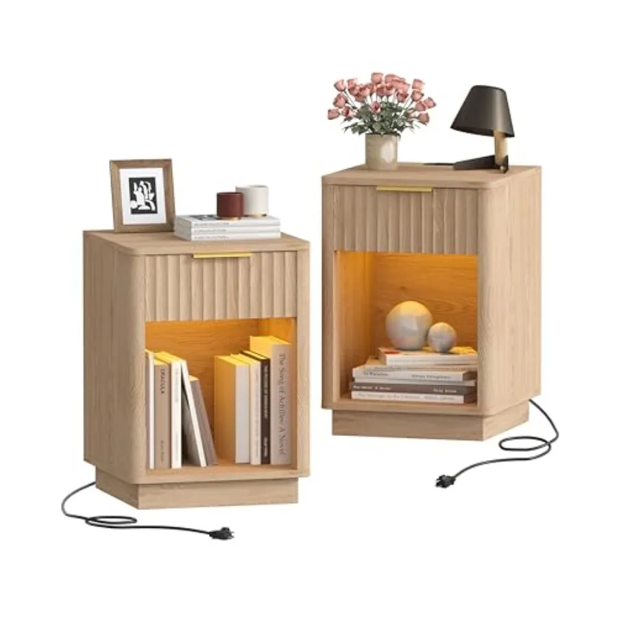 

Fluted Nightstands Set of 2, Wooden Night Stand with Charging Station and LED Light, Modern Mid Century Bed Side End Table with