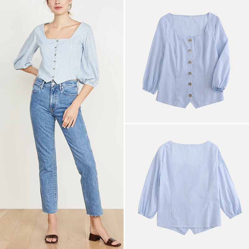 

Z Women's Faion irt Square Collar Five Sve Striped Top Commute Loose Fit Polyester Fiber Lantern Sve Summer