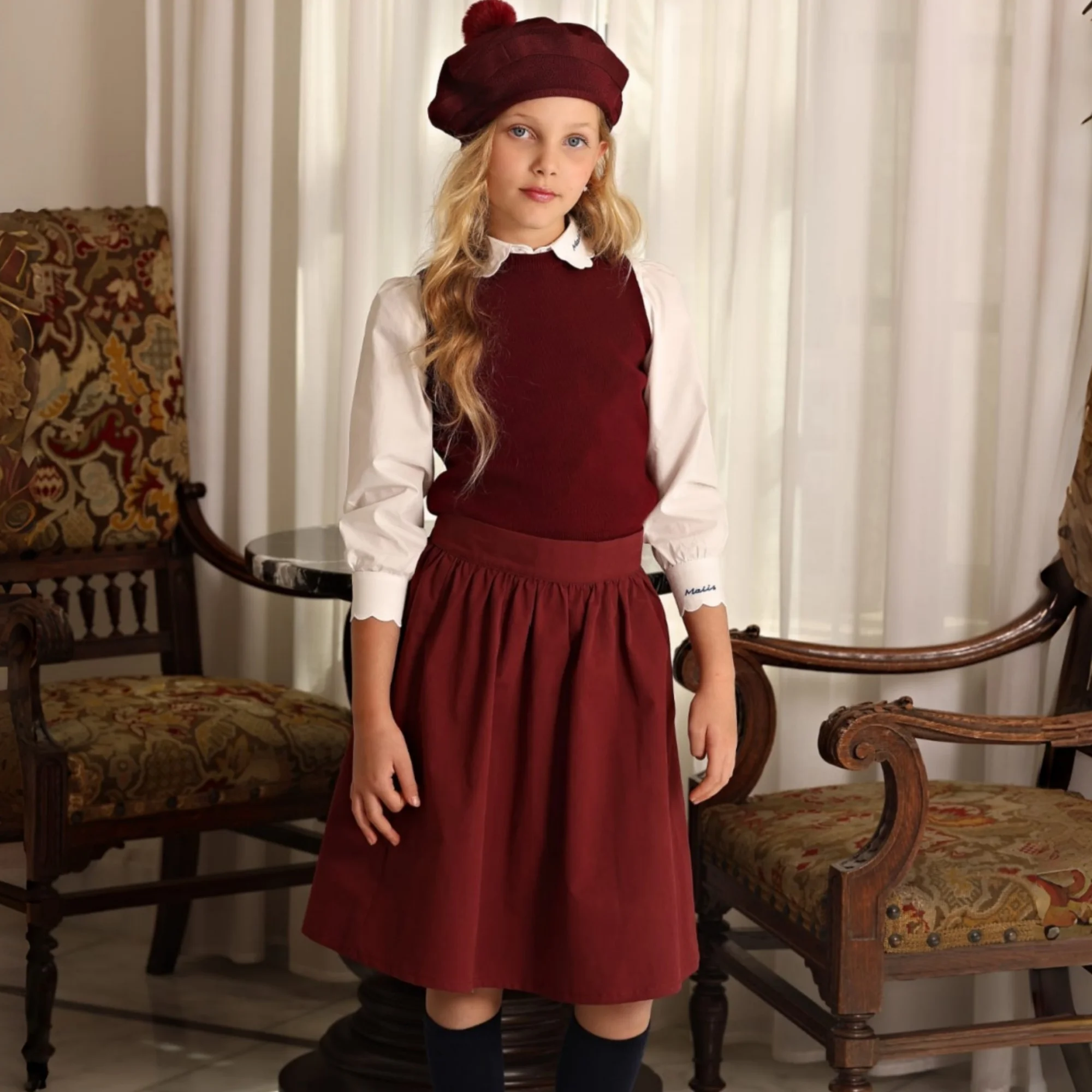 2026 Mali's AW Burgundy Color Collection Girls Dresses Boy Embroidery Shirt Solid Skirts Children Clothing Knitted Tops Outfits