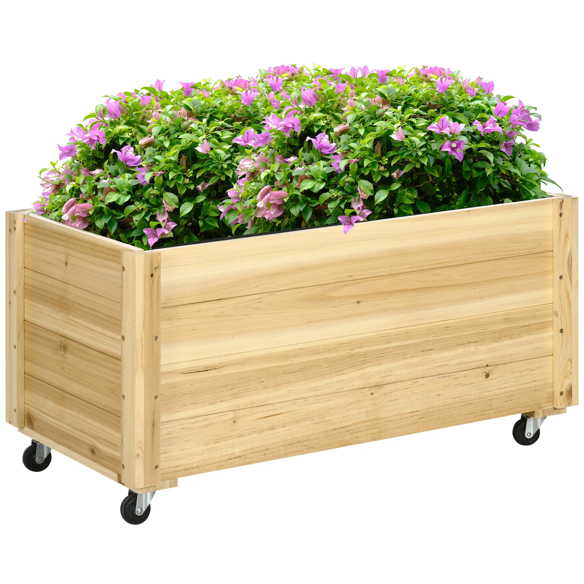 Outsunny wooden planter with wheels garden planter Grow planter with drainage holes and non-woven fabric 89x48x47 cm