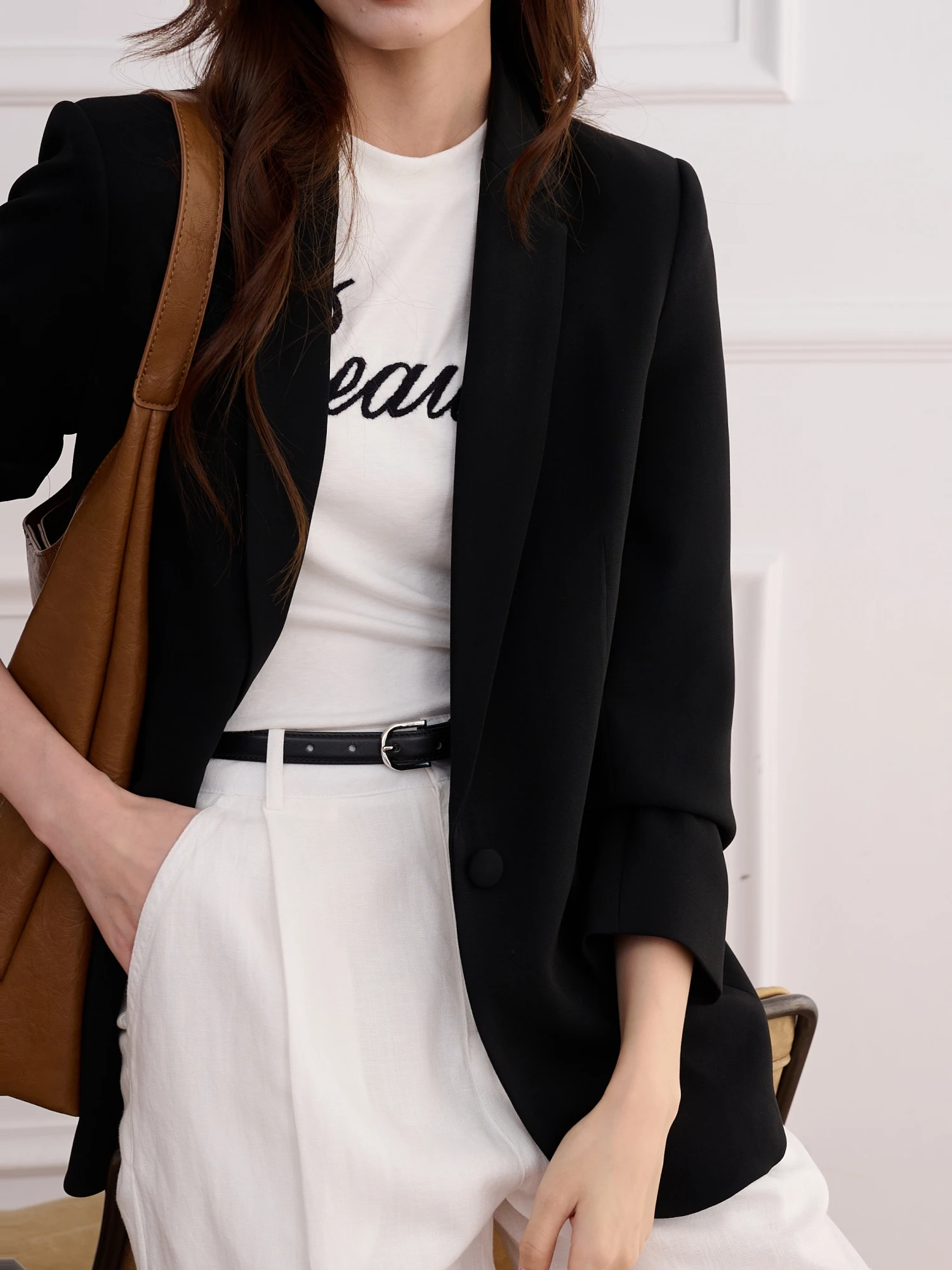 

Женский повседневный костюм JPOO: прямой крой, однотонный, из полиэфирного волокна, с отложным воротником, для офиса и повседневной носки