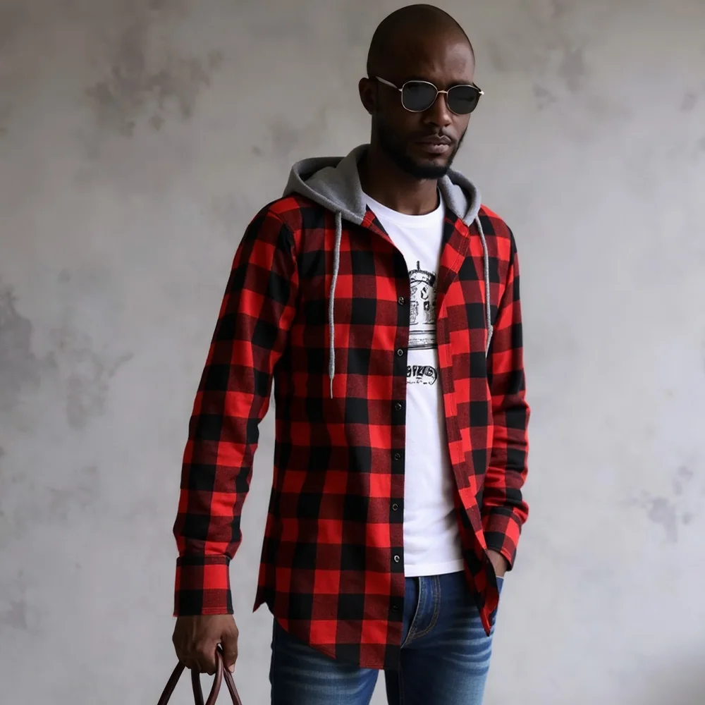 

Youth Fashion Street Hooded Plaid Shirt Men's Slim Fit Long Sleeved Shirt Couple Travel Casual Shirt Men's Sports Shirt Jacket