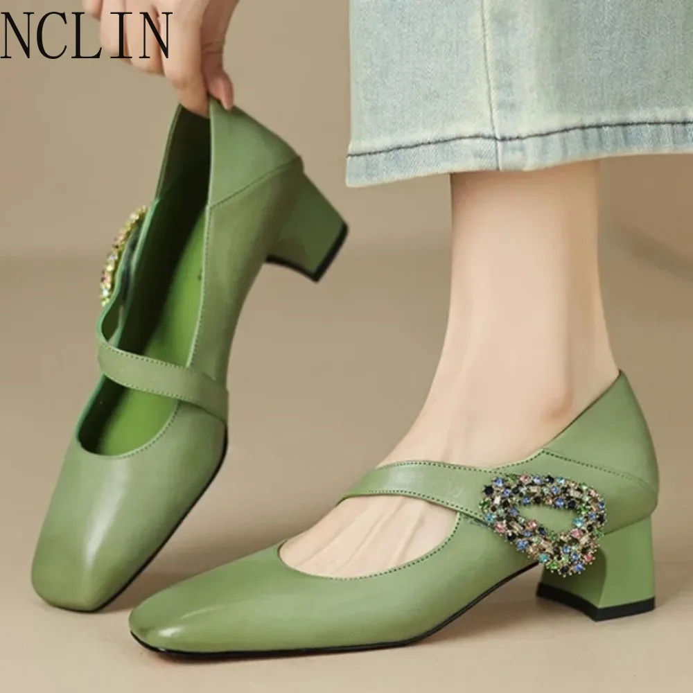 Square Toe Marie Janes High Heels Shoes Summer Women Shallow Shoes 2025 New Designer Dress Shoes Elegant Green Pink Pumps Femme