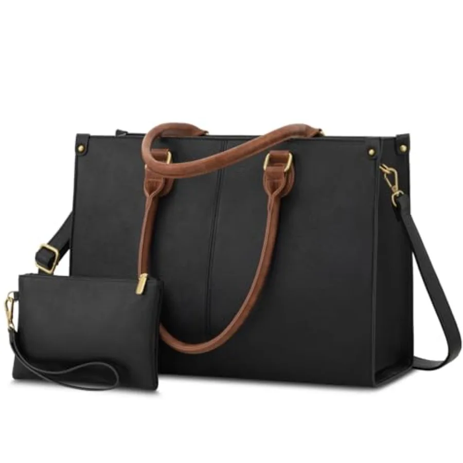 

Laptop Tote Bag for Women 15.6 Inch Large Capacity Vintage Leather Work Computer Bag Business Casual Shoulder Handbag Black Bro