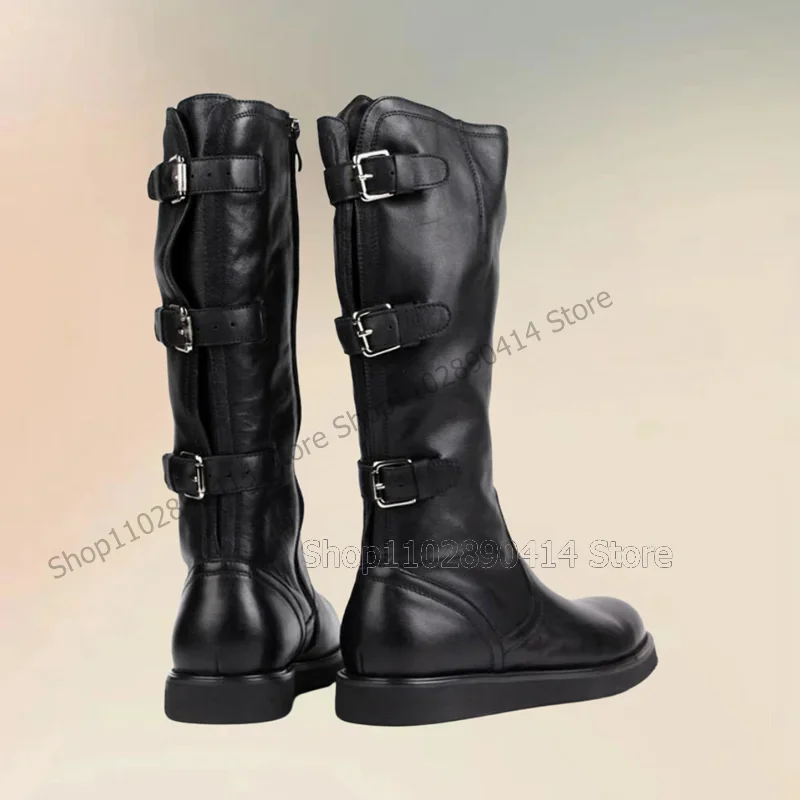 

Black Buckle Decor Sewing Design Knee High Boots Fashion Side Zipper Men Shoes Luxurious Handmade Party Banquet Men Dress Shoes