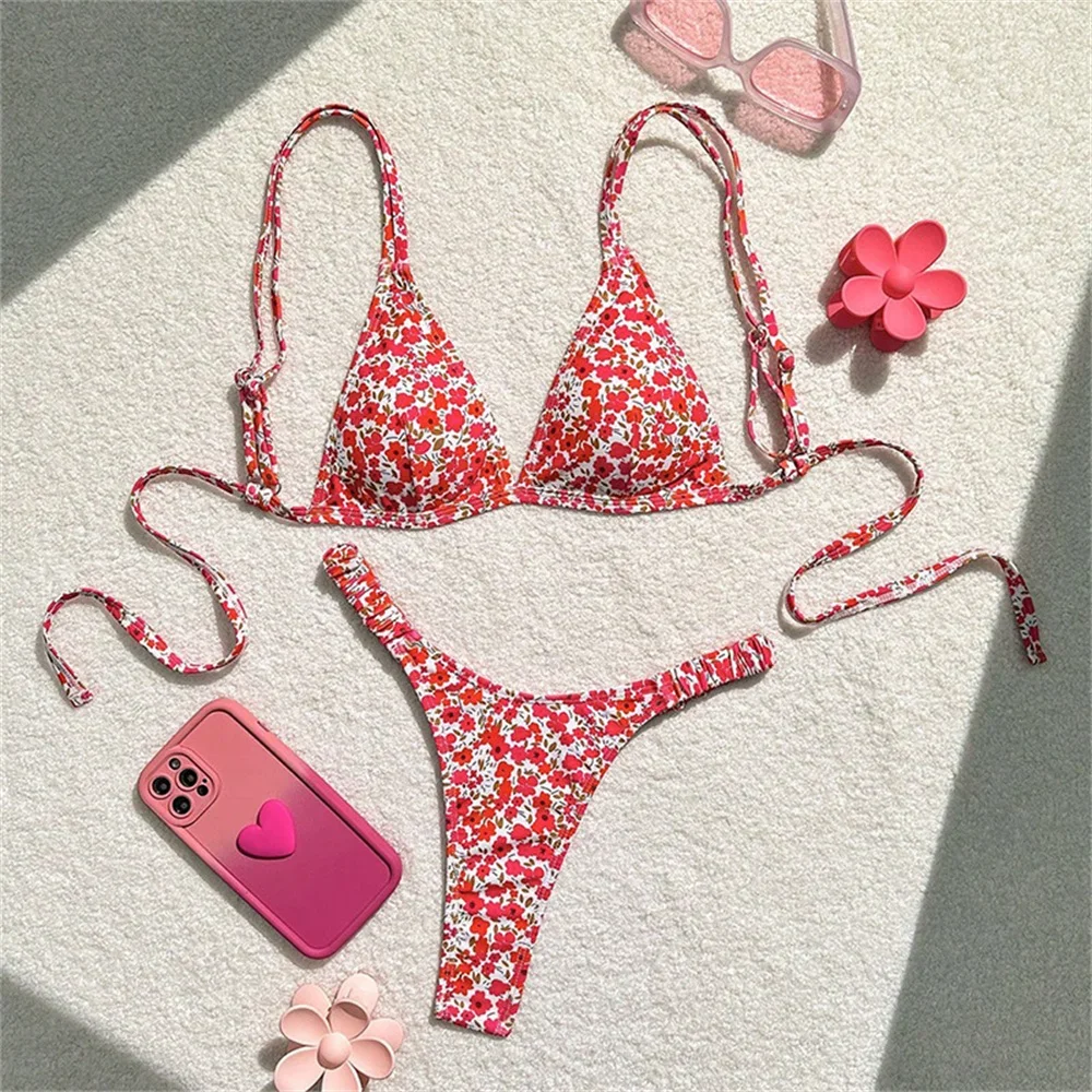 Costume da bagno sexy floreale a triangolo con stringhe Extreme Y2K Costume da bagno push up in pizzo senza schienale Abiti da vacanza Costume da bagno da spiaggia per donna
