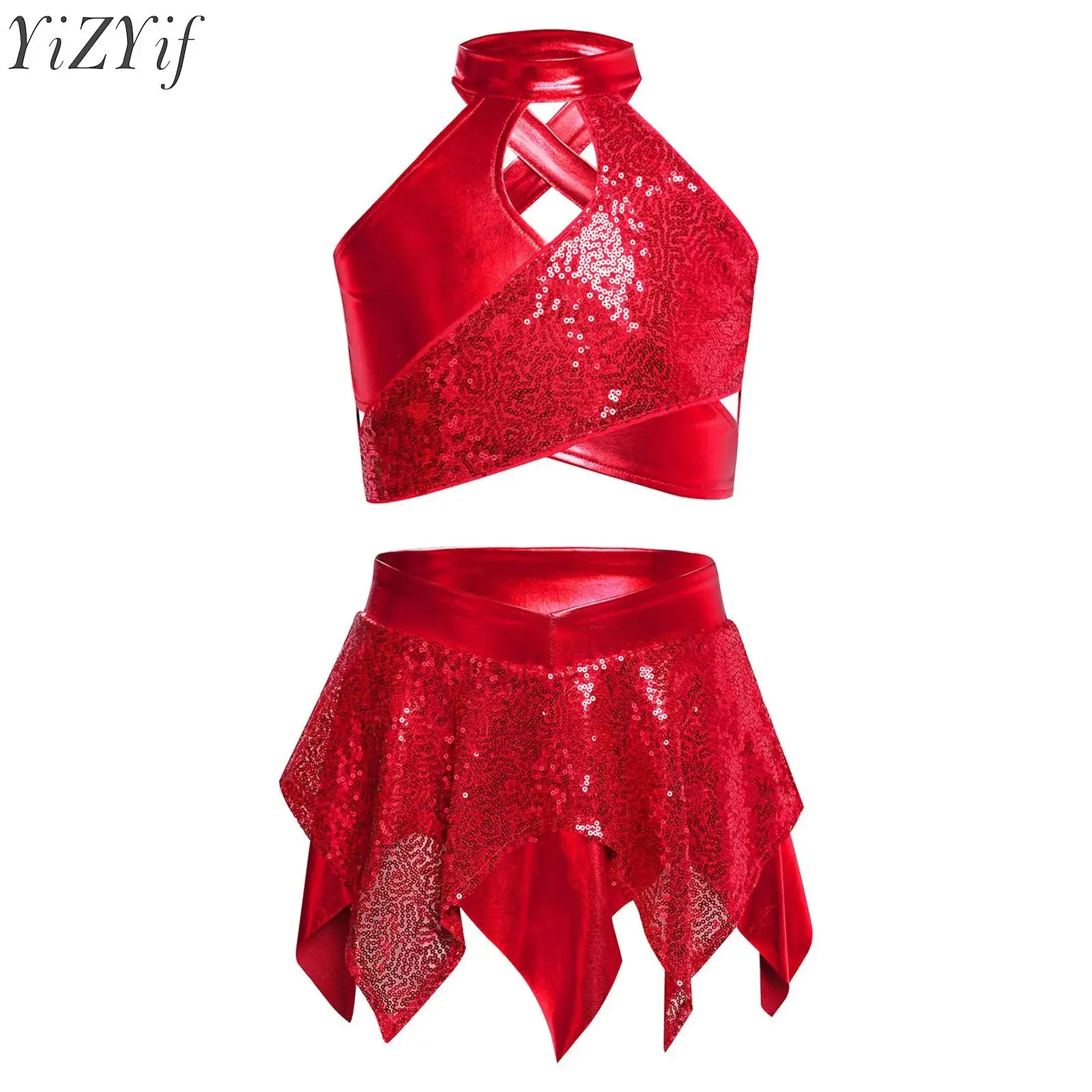 

Kids Girls Latin Jazz Dance Sets Halter Neck Lyrical Performance Costume Sequins Metallic Crop Top with Asymmetric Tutu Skirt