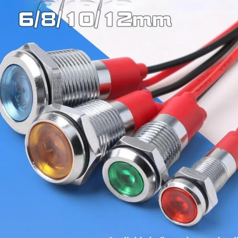 Pre-wired Metal LED Warning Indicator Light 6/8/10/12mm 12V 24V for Truck Boat Motorcycle Auto Use