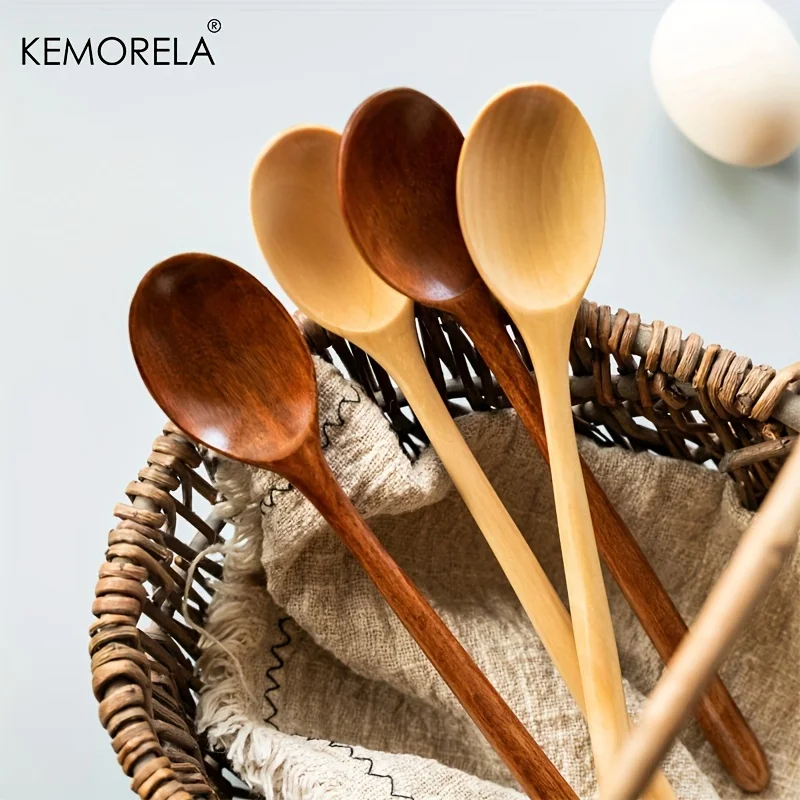 4PCS Wooden Spoon Kitchen Korean Style Natural Wood Soup Tableware Cooking Honey Coffee Spoon Mixing Spoon