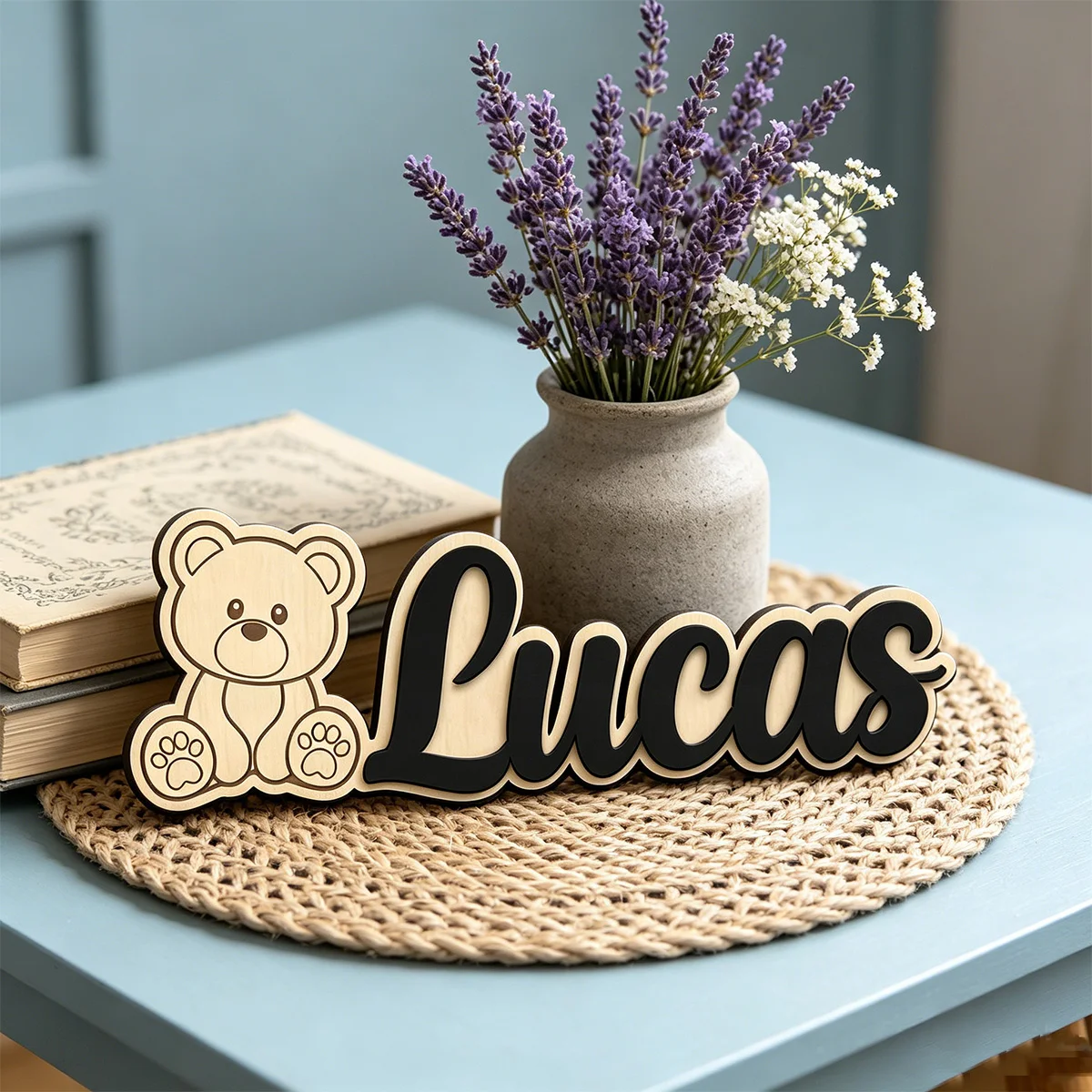 1pc Customized Multi-layer Wooden Nameplate, Custom Content, Bear Carving Pattern, Children's Room Door Decoration,Birthday Gift