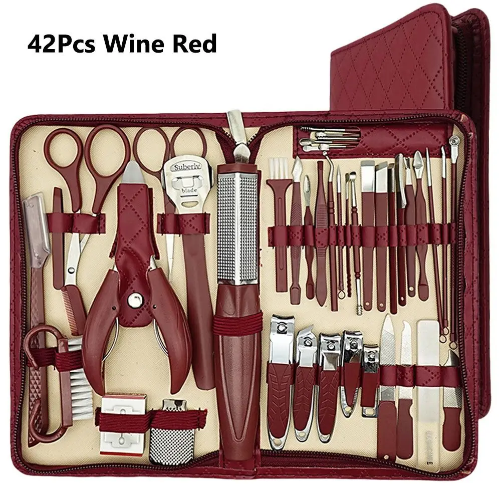 Ensemble de manucure en acier inoxydable, 42 pièces, avec fermeture éclair, sac en cuir, Kit de coupe-ongles en acier inoxydable, outils de soins des ongles des pieds