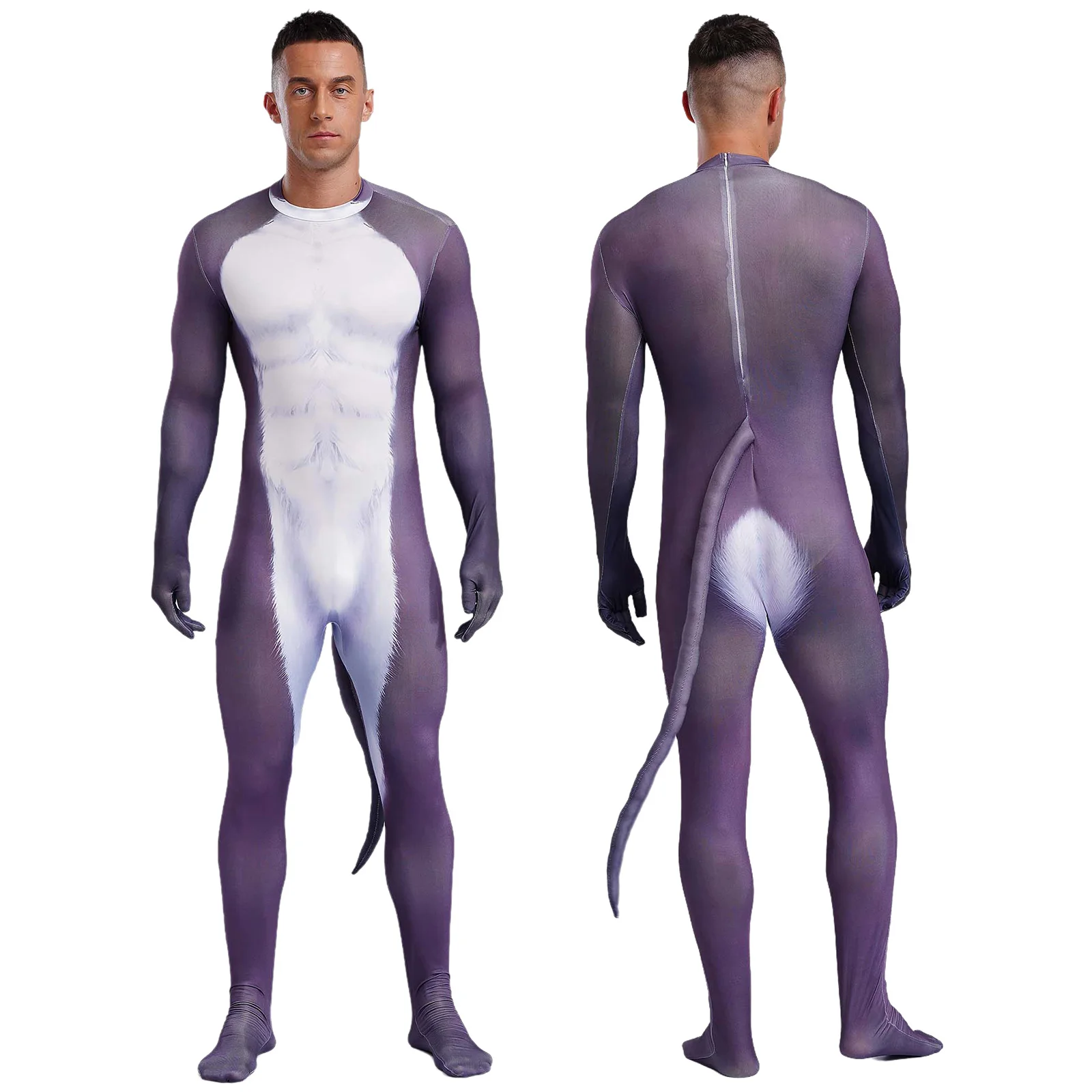 Männer 3d gedruckt Tier Ganzkörper Bodysuit Handschuhe Ärmel gepolstert Schwanz Fuß Catsuit Overall Cosplay Zentai für Halloween-Party