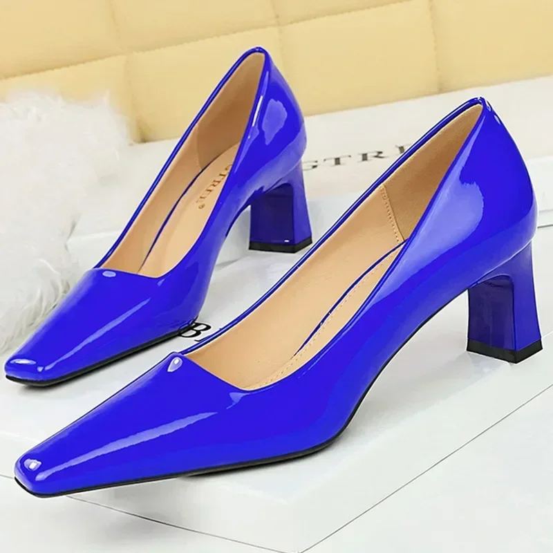 Women Evening Dress 6cm High Heels Daily Concise Office Work Low Square Heels Lady Versatile New Glossy Leather Green Blue Shoes