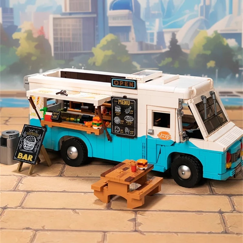 Nostalgic fast food truck building blocks, difficult assembly toys, retro car models, office desktop ornaments, birthday gifts