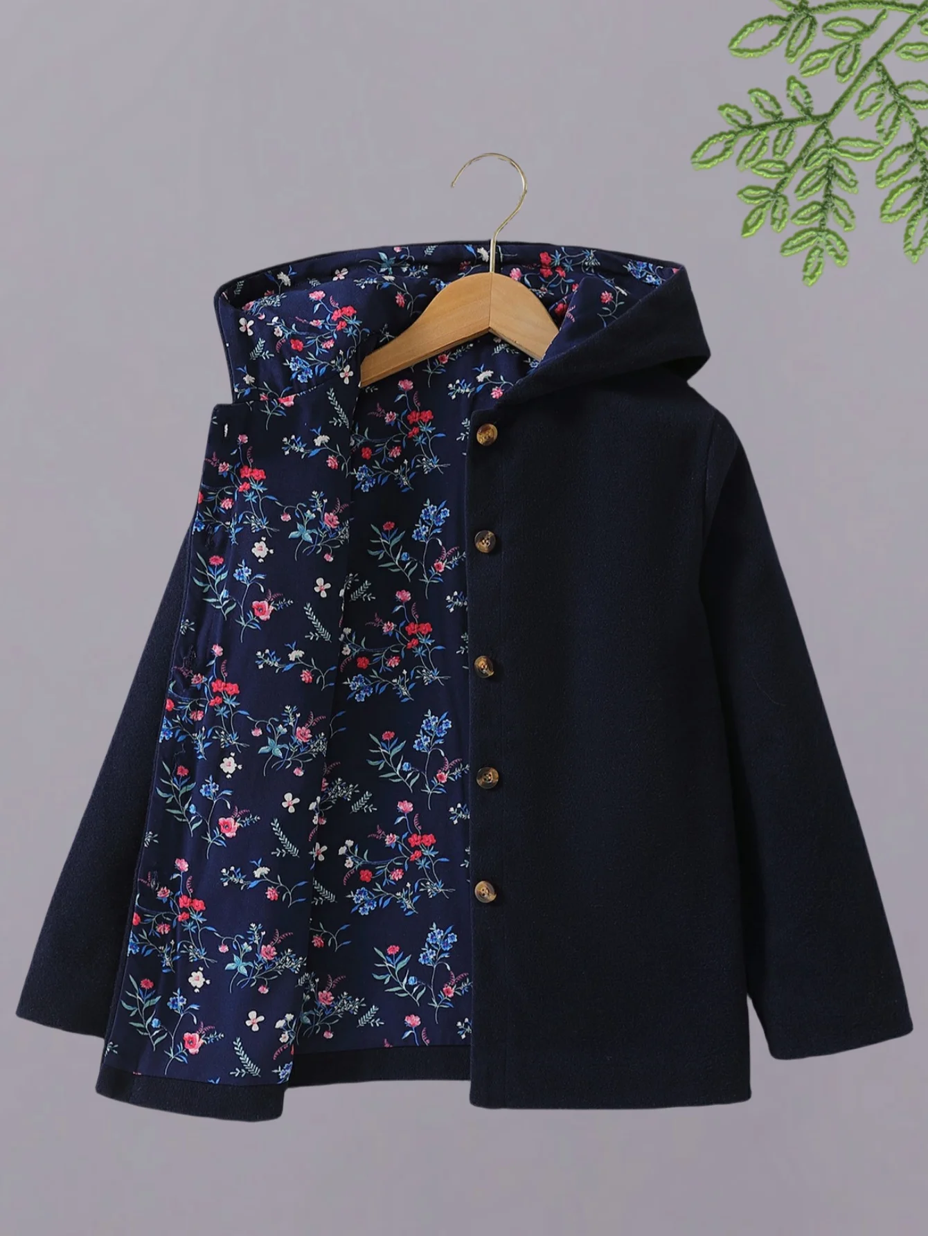 Girls double-sided coat - one dark blue and one floral pattern, classic hooded design