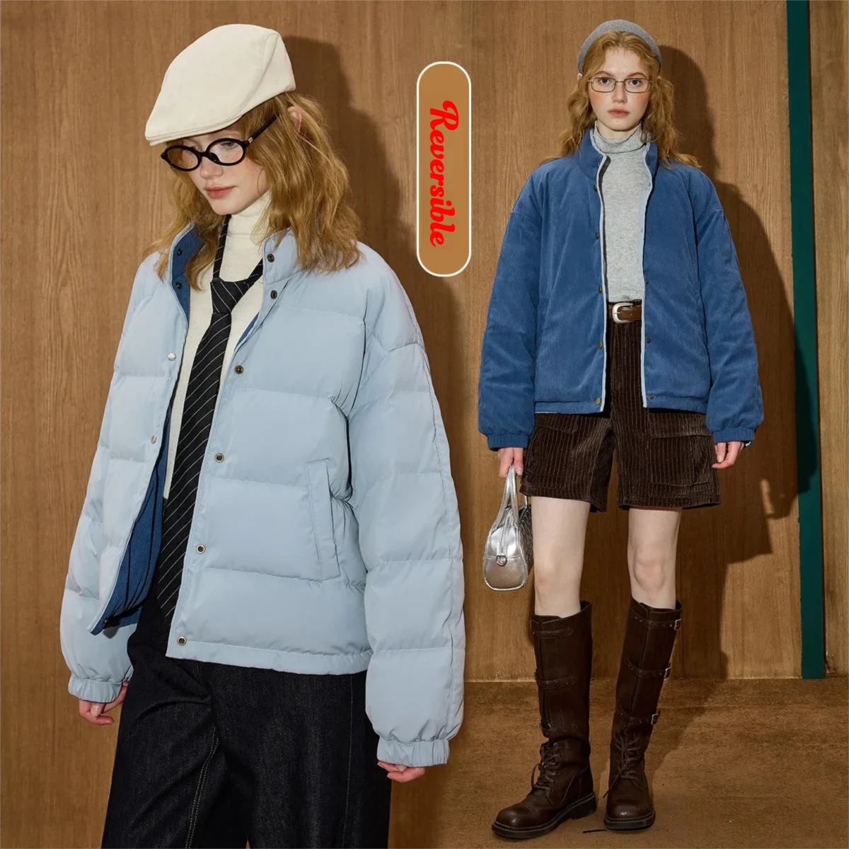 Coolhut عكسها كتلة اللون المرأة أسفل معطف الشتاء 90% أسفل ملء الوقوف طوق سترة ثنائي ارتداء اقتصاص سترة قصيرة البخاخ #1