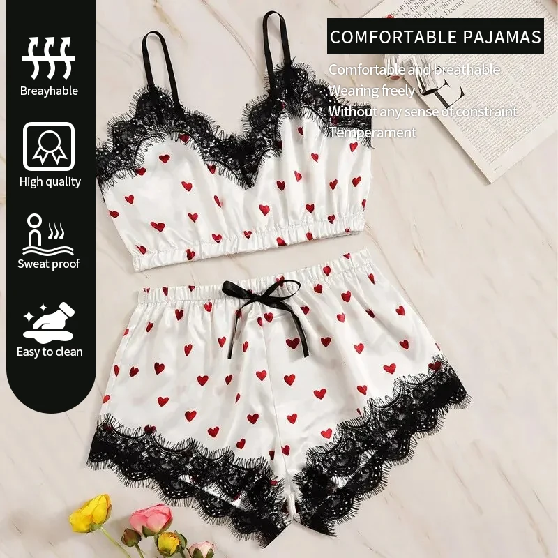 Two Piece Women\'s Sexy White Printed Heart V-Neck Suspender Top and Lace Embellished Shorts Women\'s Sexy Pajama Set