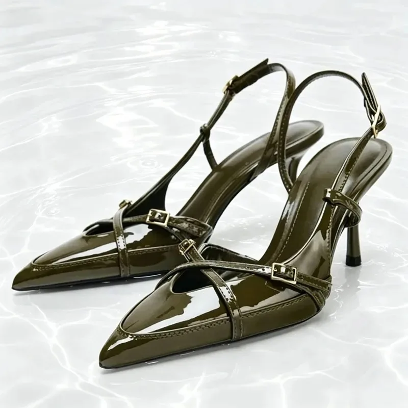 Sexy Khaki Green Patent Leather Pumps Women Fashion Cross-tied Back Strap Buckle Designer Shoe Sexy Pointed Thin Heel Dress Shoe