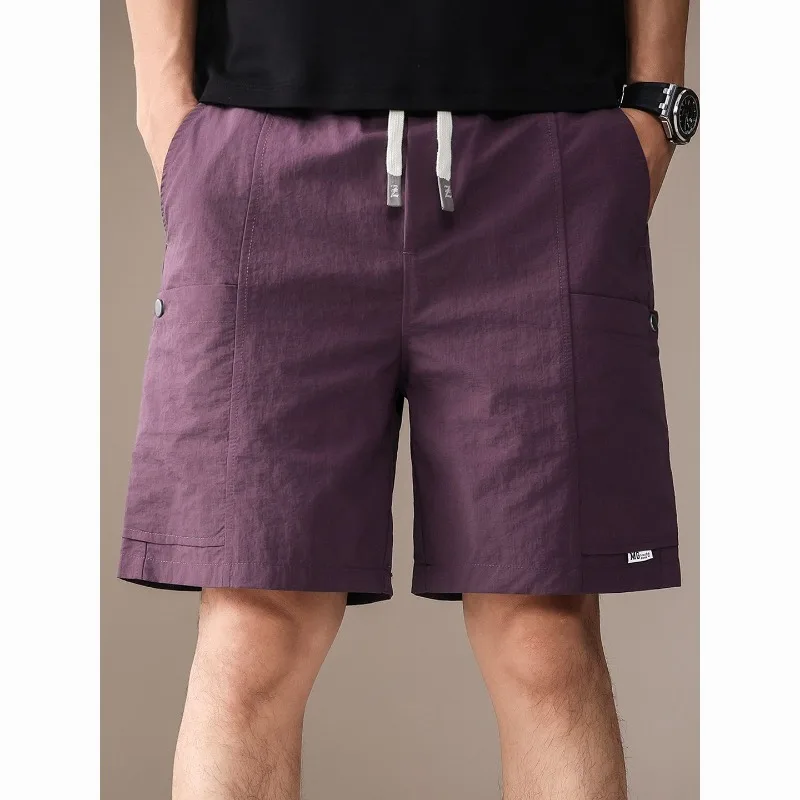 

Mens Solid Cargo Shorts with Multiple Pockets Straight-leg Five-point Pants Quick-drying Ice Silk Drawstring Waist Casual Shorts