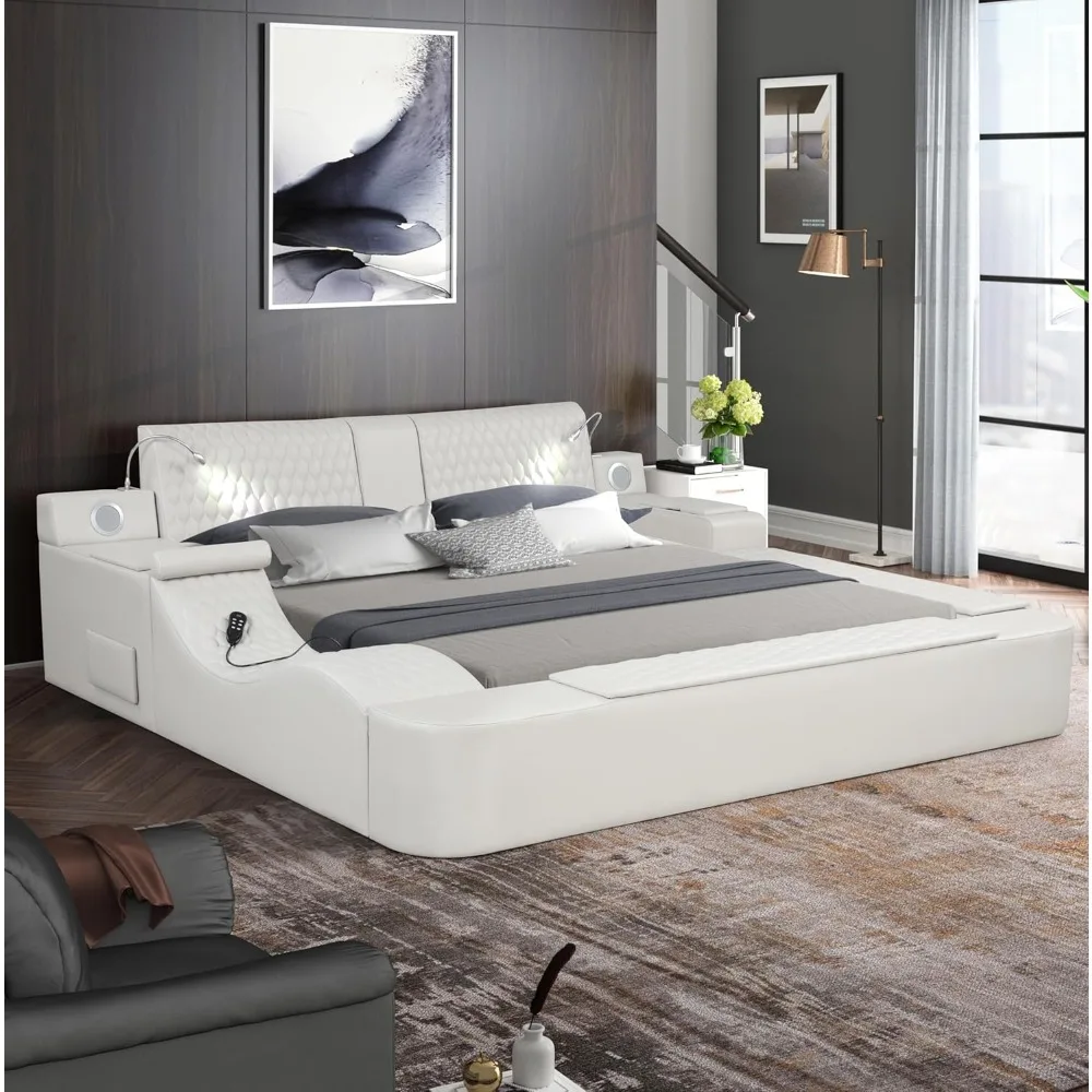 

Multifunction King Size Bed, Modern Luxury Leather Smart Bed Frame with Adjustable Headboard/Massage Recliner/USB Port/Music Spe