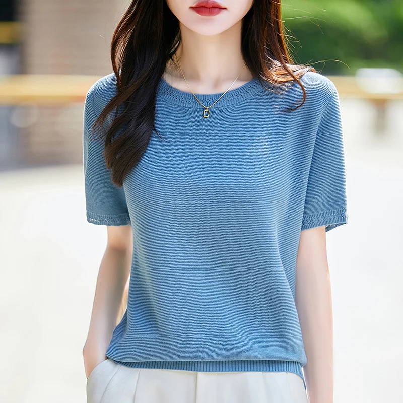 

2026 New Women's Short Sleeve 100% Cotton O-neck Knitted T-shirt Solid Color Fashion Basic Short Sleeve Hot Sale