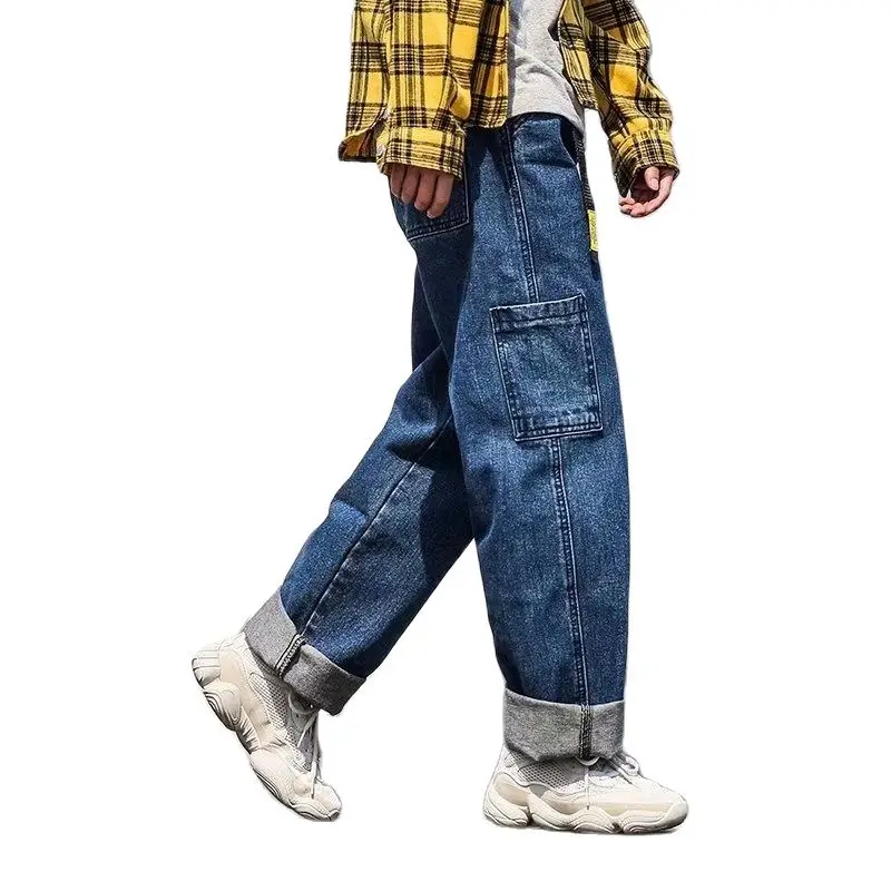 Retro Denim Trousers Men Straight Loose Trend Casual Daddy Trousers Fall Feeling Wide Leg Ankle Length Japanese Teenagers Pants