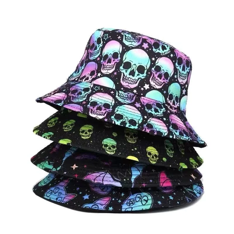 

New Skull Head vintage fisherman's hat printed double-sided basin hat outdoor visor