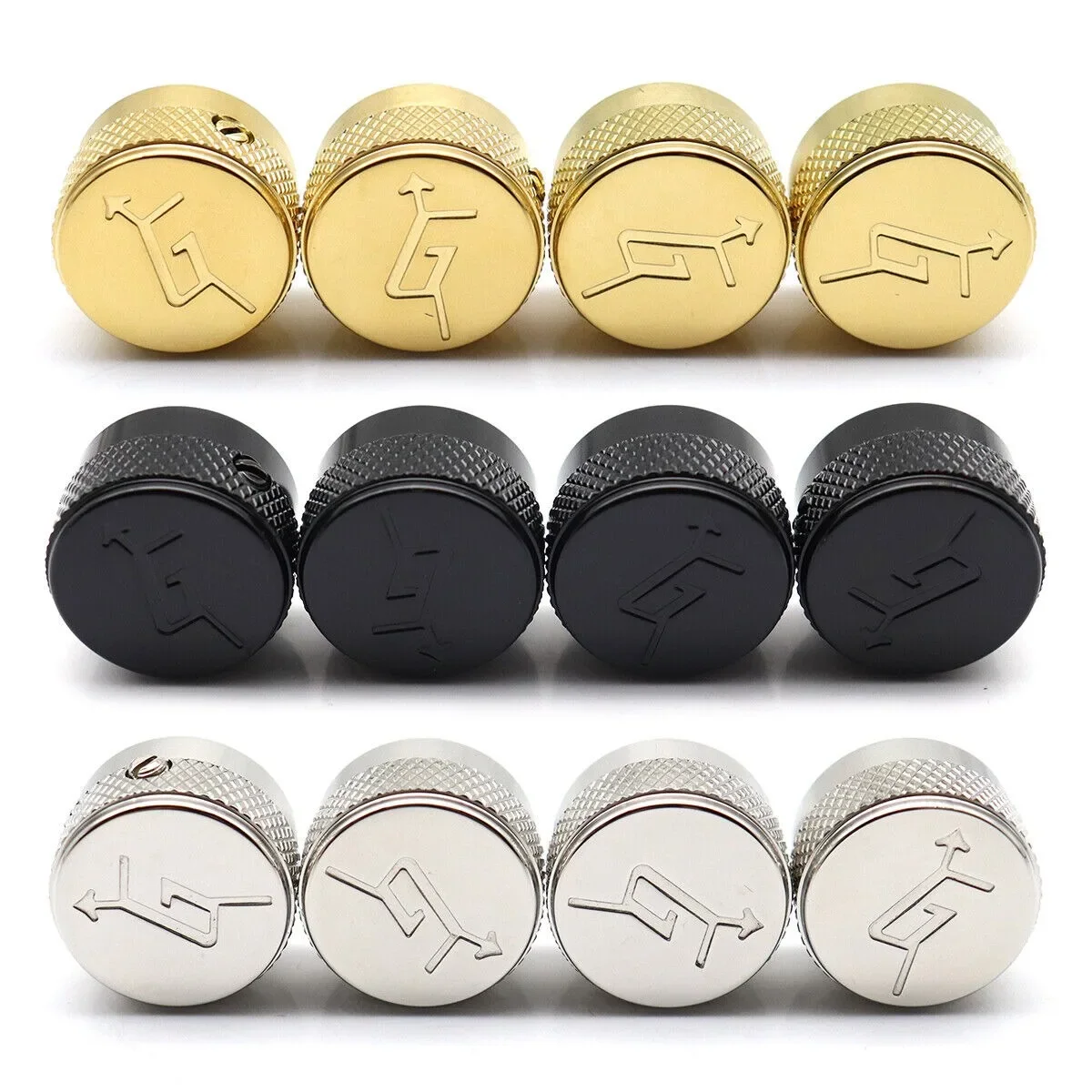 4 piezas de acero inoxidable G-Arrow Logo perilla velocidad bloqueo Control volumen tono perillas con tornillos se adapta a Gret-ch guitarra bajo