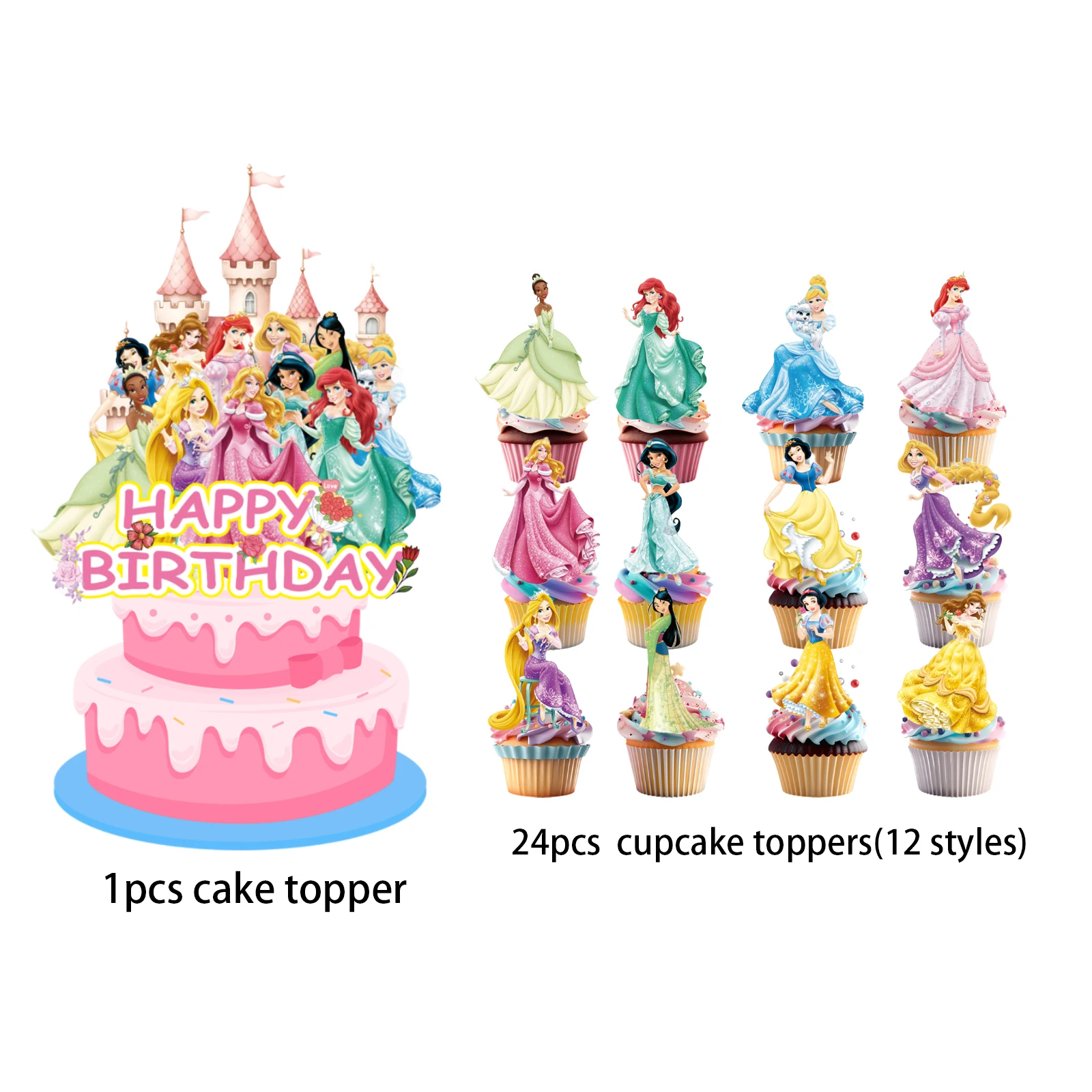 قطعة علوية لكعكة أميرات ديزني، أغطية كب كيك للفتيات، مستلزمات حفلات أعياد ميلاد الأميرة الوردية، عيد ميلاد الأميرة #3