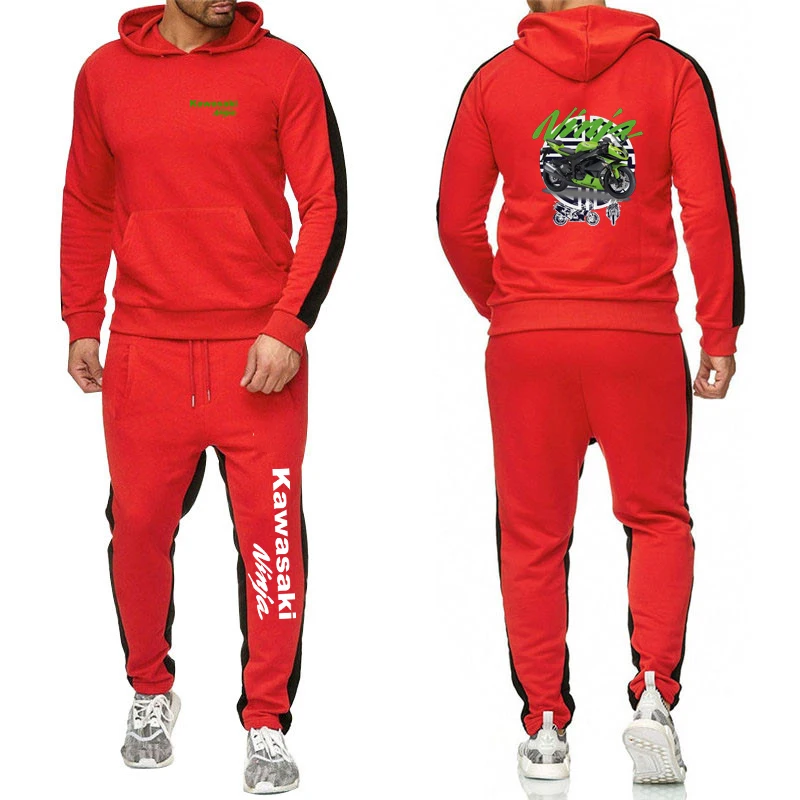 Spring Autumn Men Two-piece Set Motorcycle Kawasaki Logo Print Solid Color Lightweight Simple Daily Hoodies+Sports Pants Suits 7