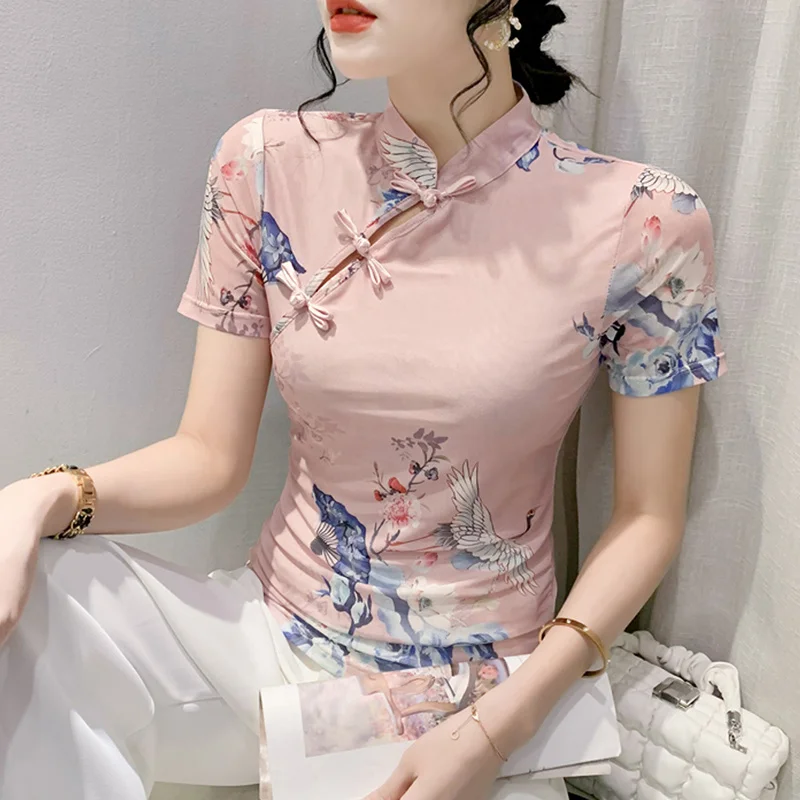 

#5881 Print Vintage Short T Shirt Women Stand Collar Buttons Sexy Tight Hollow Out Tee Shirt Femme Short Sleeve Hollow Out