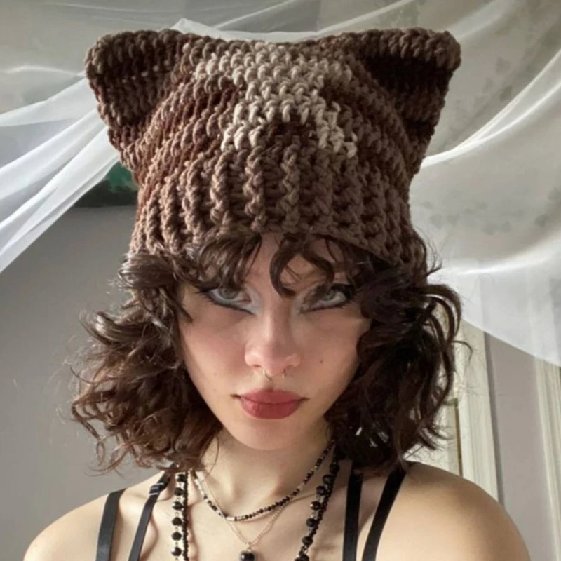 Fun Cat Ear Hat Unisex Costume Hats Halloween Gift Warm Soft Crochet Beanie Christmas New Year Warm Soft Skull Hat